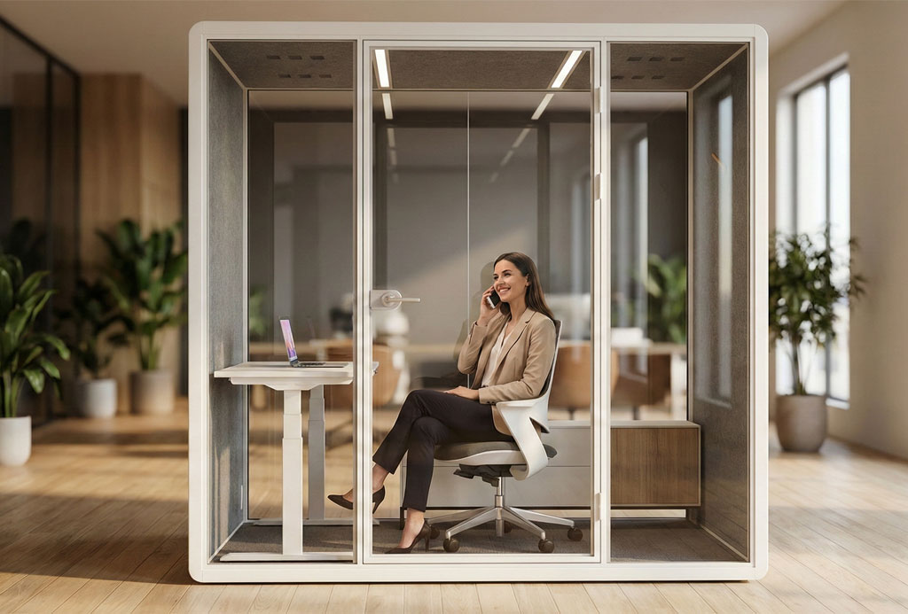 Happy lady talking on the phone while working in a Solo Work Pod